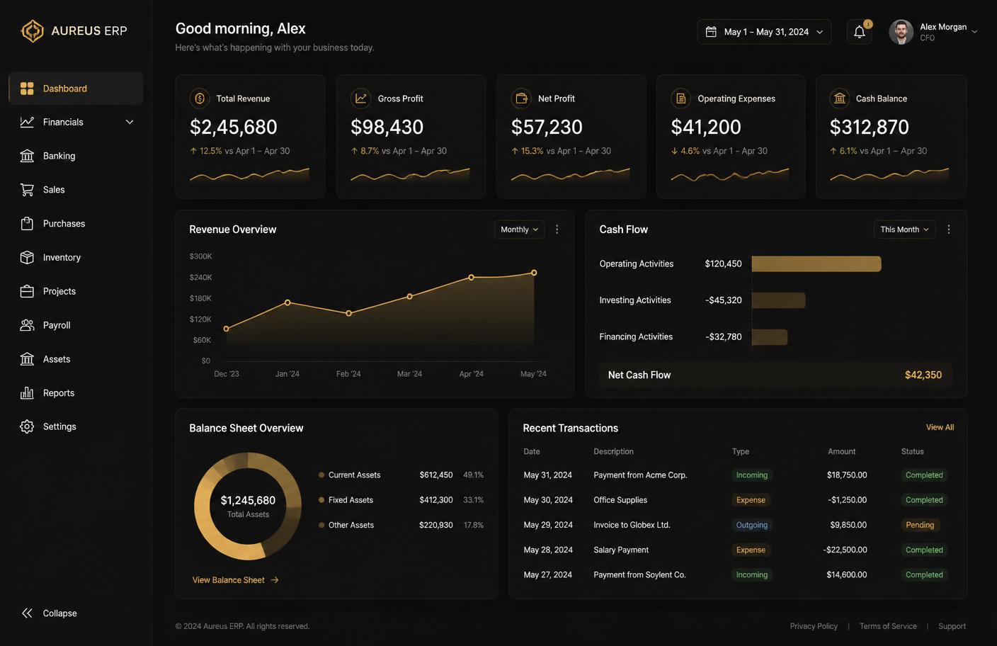 Dashboard financiero de WB con KPIs, gráfico de ingresos, flujo de caja y balance